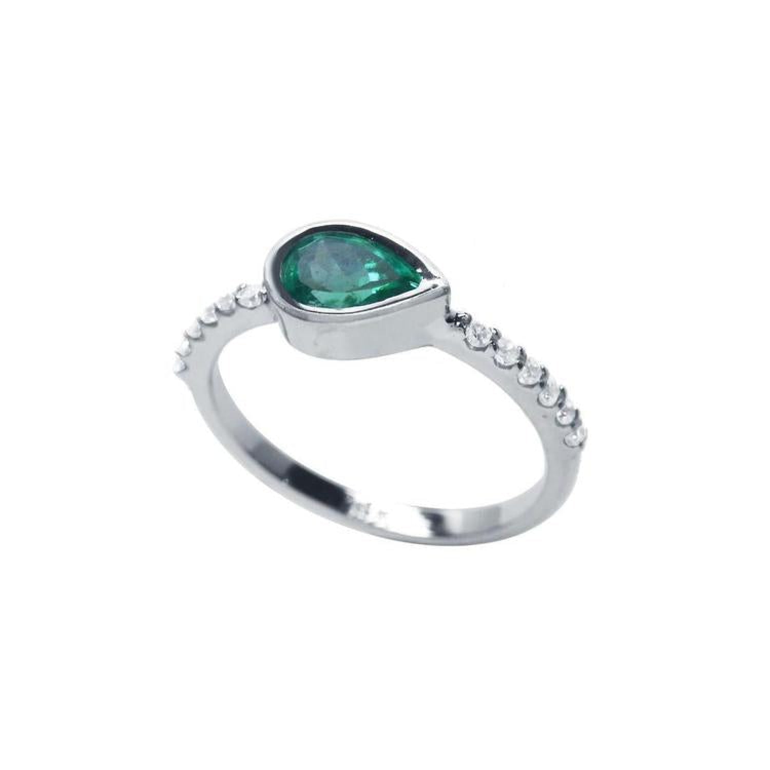 14K white gold ring with a bezel-set east-west teardrop emerald and prong-set accent diamonds.