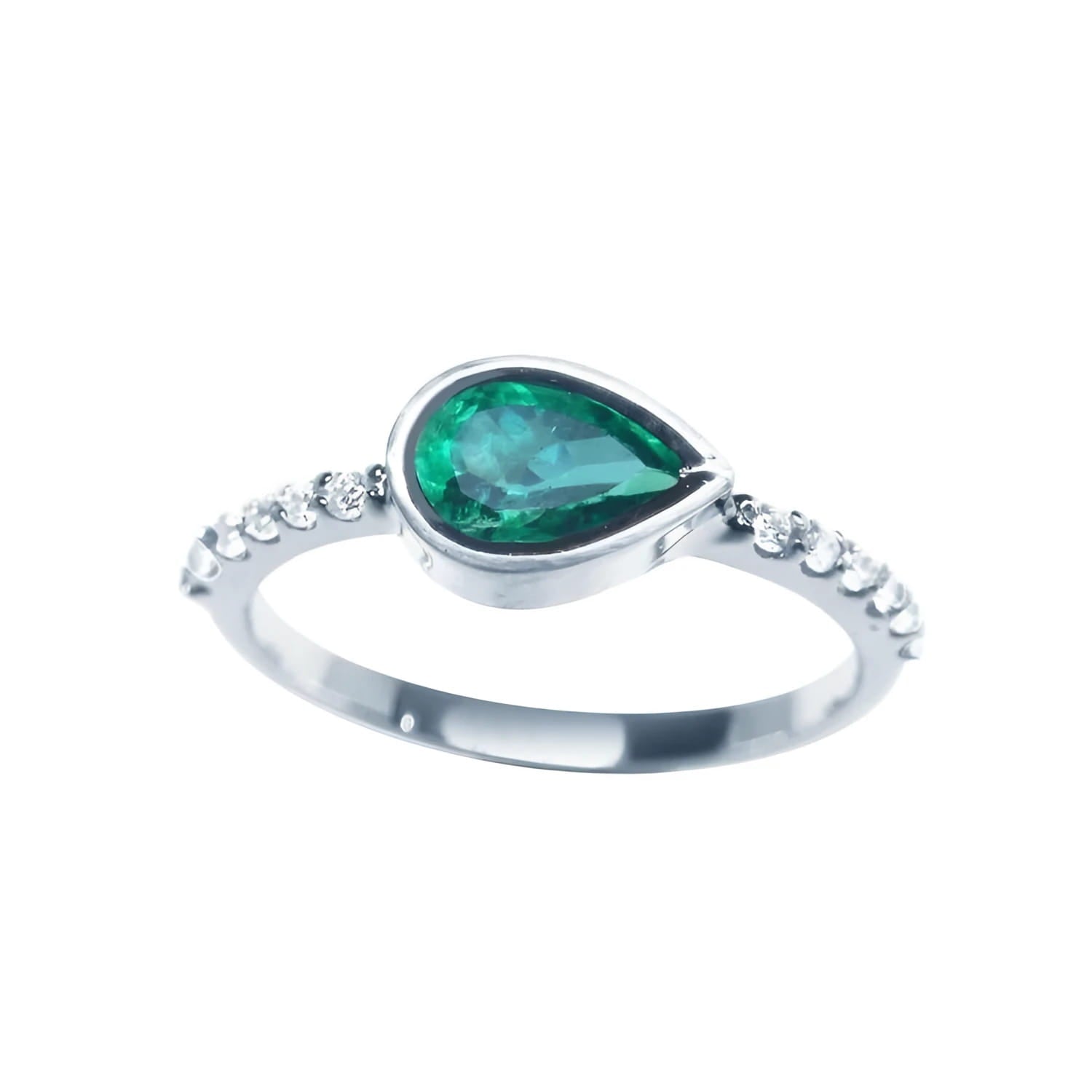 A teardrop colombian emerald bezel set ring with accent diamonds in 14k white gold for ladies.