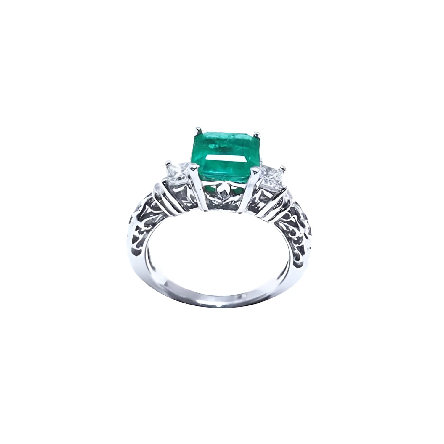 1.48 ct. emerald engagement ring with two side diamonds and intricate band in 14K white gold.