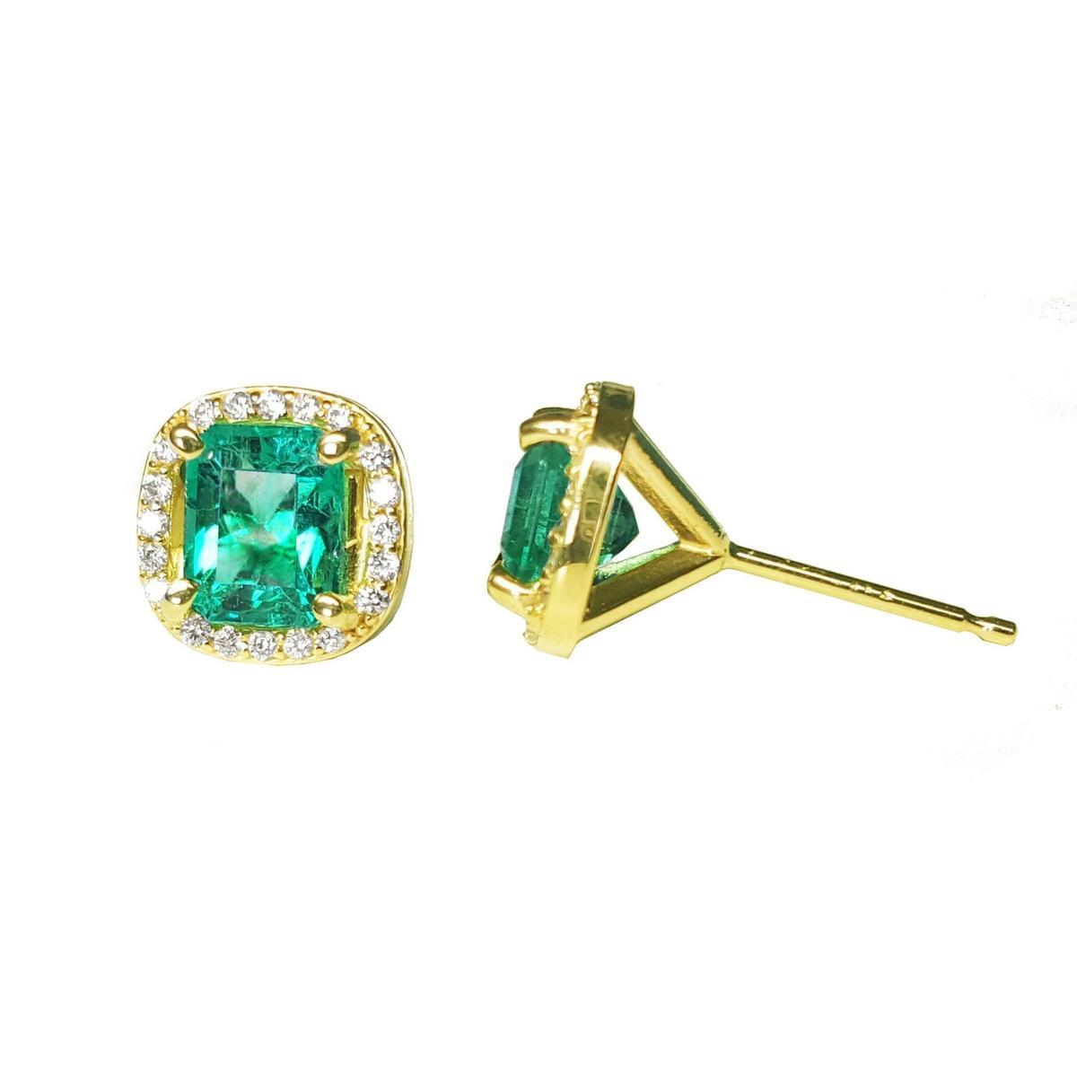 14k yellow gold emerald and diamond stud earrings in two pisitions, front top and side profile views.