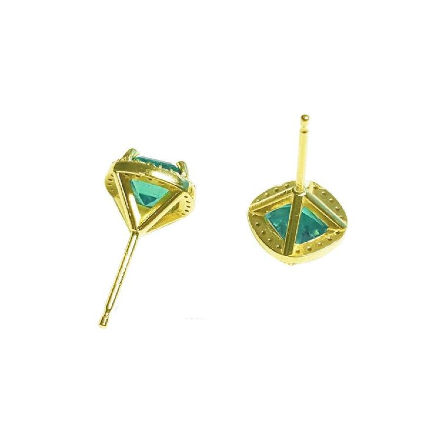 Pair of 1.55 carat emerald stud earrings with halo diamonds set in 14K yellow gold.