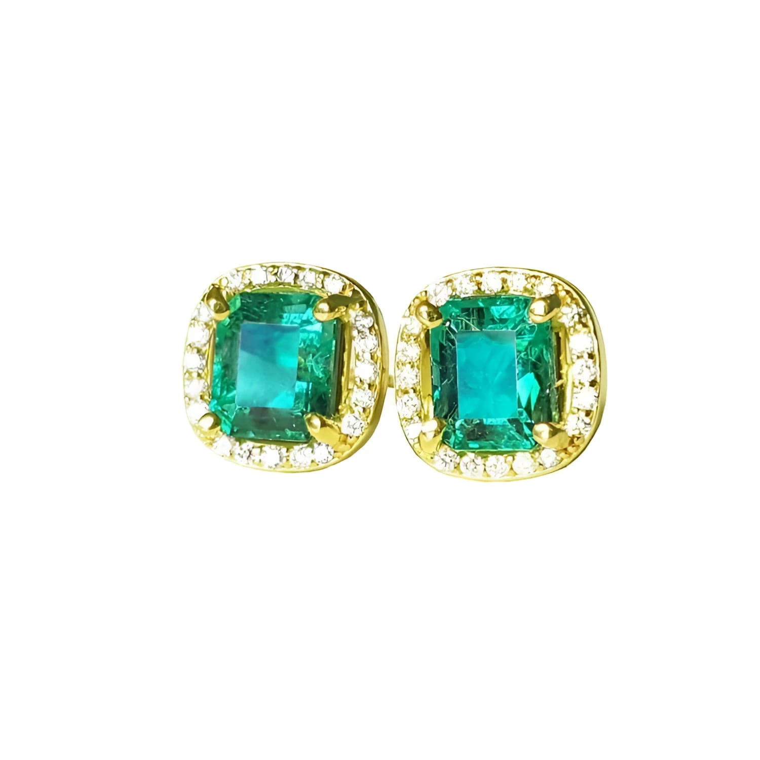 Pair of natural emerald stud earrings square cut with halo diamond in 14k yellow gold.
