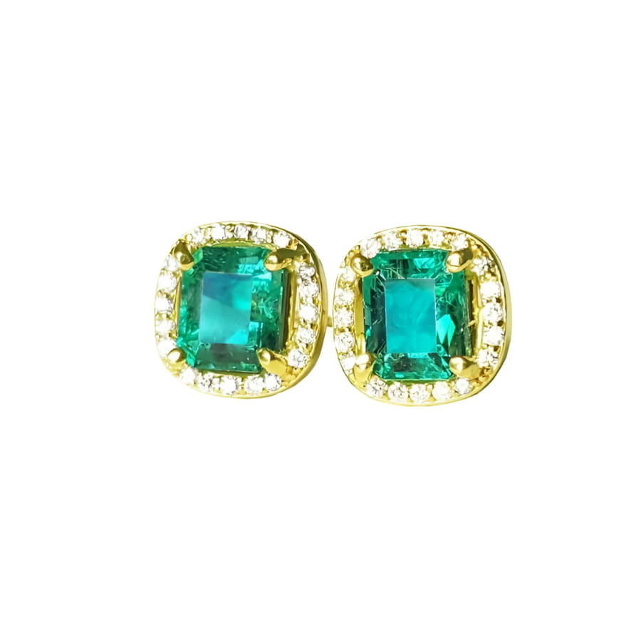 Pair of natural emerald stud earrings square cut with halo diamond in 14k yellow gold.