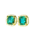 Pair of natural emerald stud earrings square cut with halo diamond in 14k yellow gold.