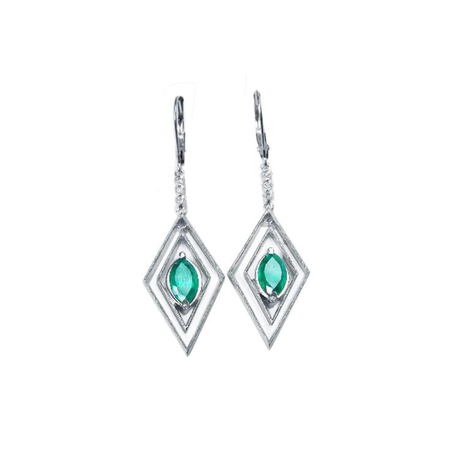 14K white gold marquise emerald earrings with diamonds, featuring a double diamond-shaped frame.