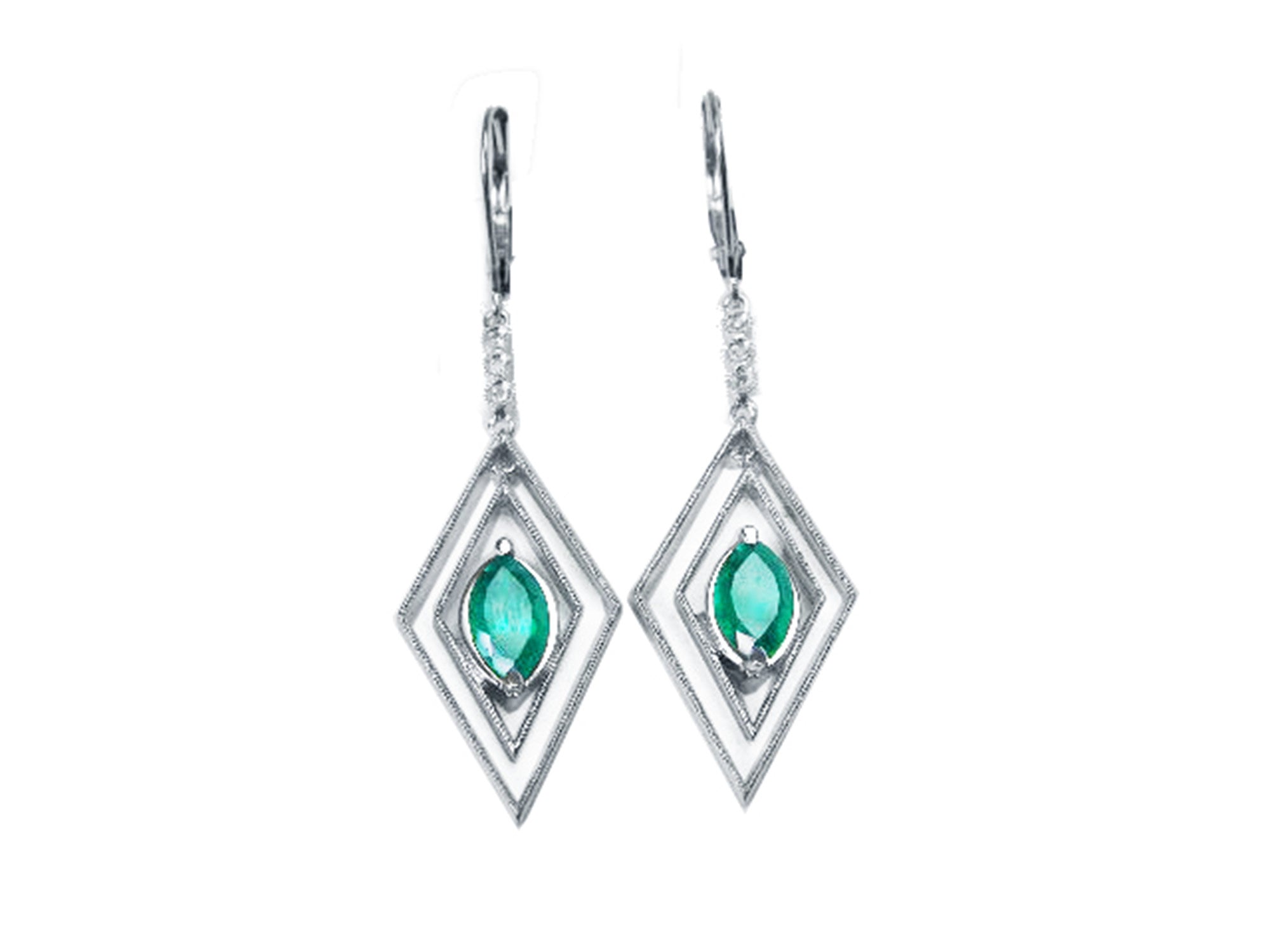 Diamond-shaped earrings with marquises cut natural emeralds, front position and top view.