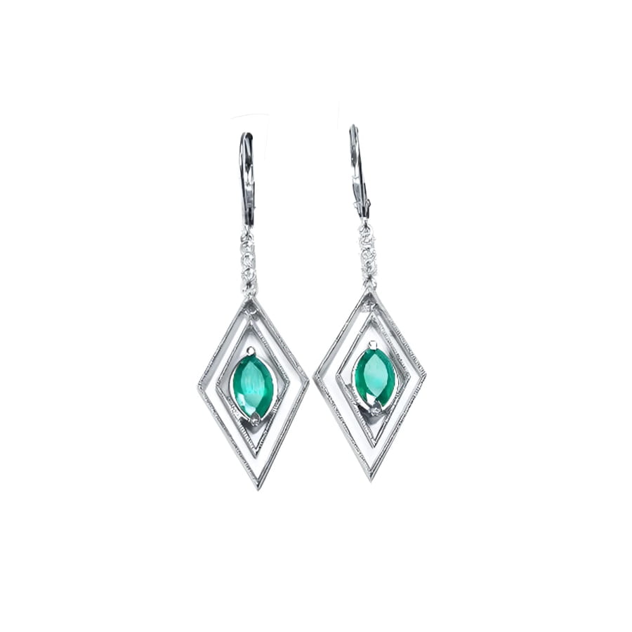 14K white gold marquise emerald earrings with diamonds, featuring a double diamond-shaped frame.