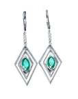 Diamond-shaped earrings with marquises cut natural emeralds, front position and top view.