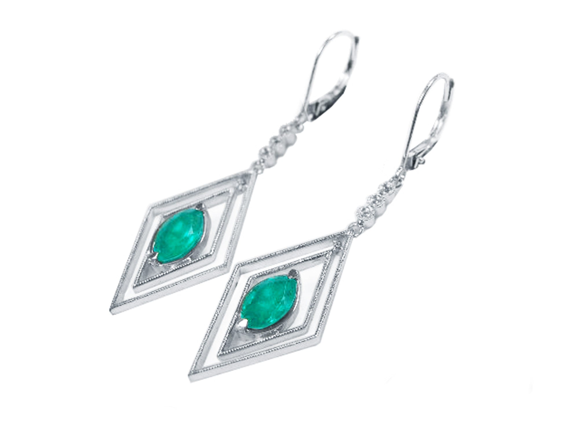 Diamond-shaped white gold Marquise emerald earrings, left side profile view