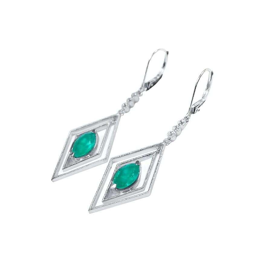 14K white gold emerald marquise earrings with deep bluish-green gems in double diamond frames, dangling from lever backs.