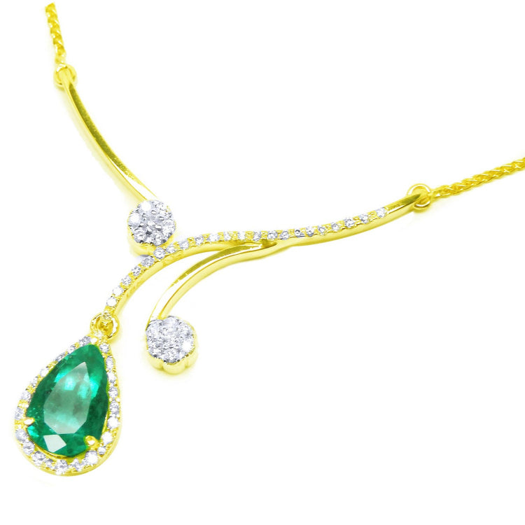 Emerald necklace for women sourced from the Muzo mines in Colombia a natural pear cut 2.96 carats, halo diamond set in 18k yellow gold