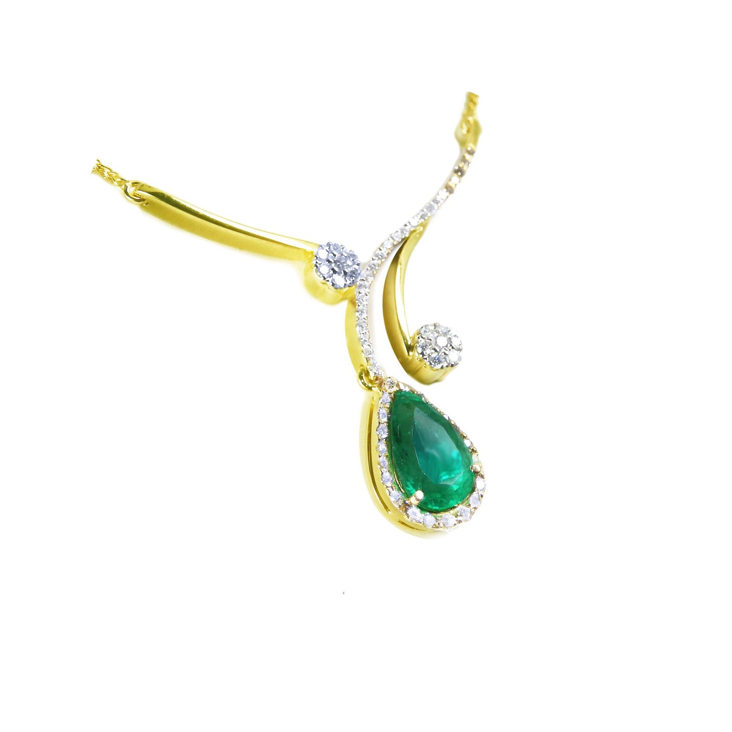 A 18k yellow gold necklace with a natural teardrop emerald pendant halo diamond.