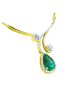 A 18k yellow gold necklace with a natural teardrop emerald pendant halo diamond.
