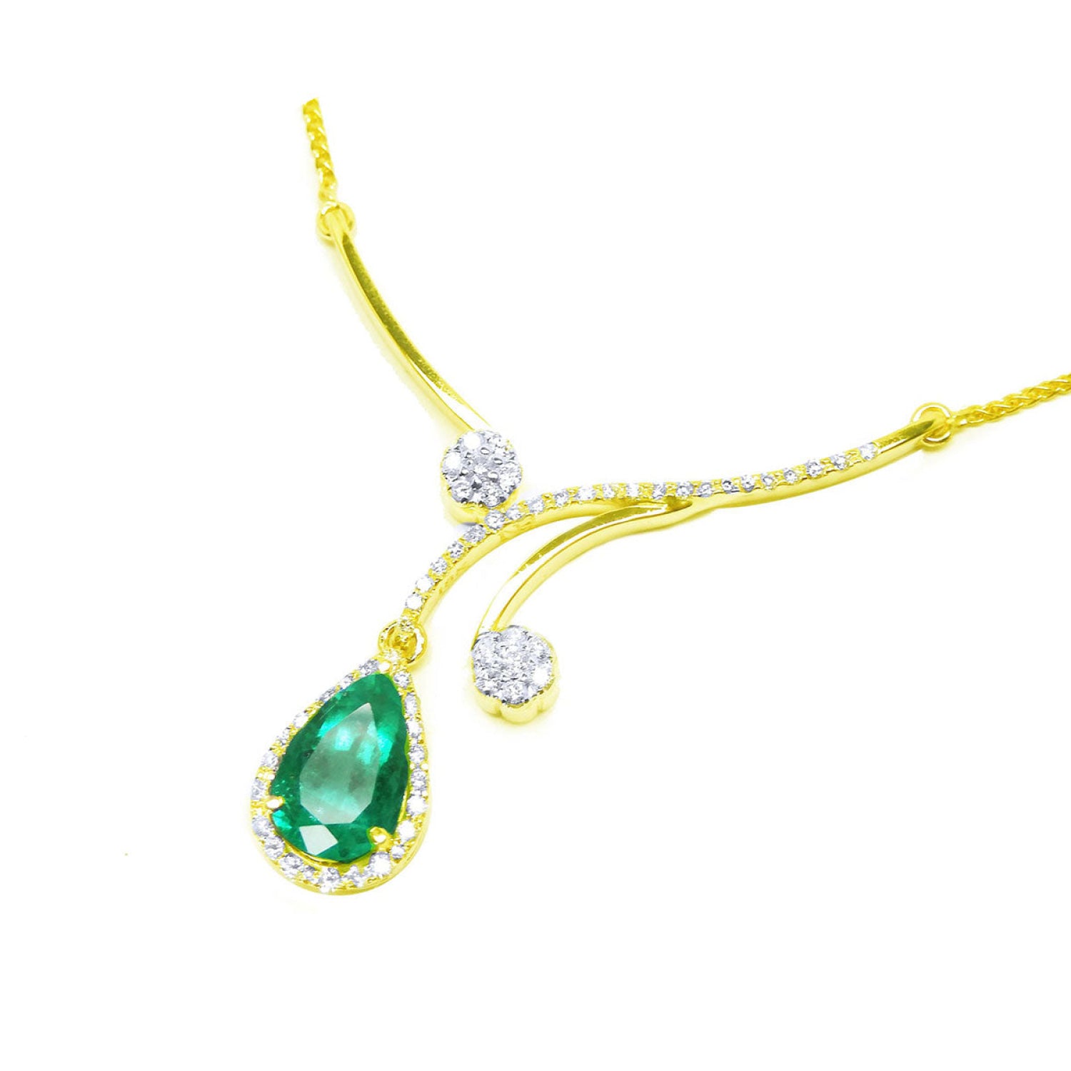 18K yellow gold necklace with a pear-shaped Colombian emerald, surrounded by diamonds, and diamond accents.
