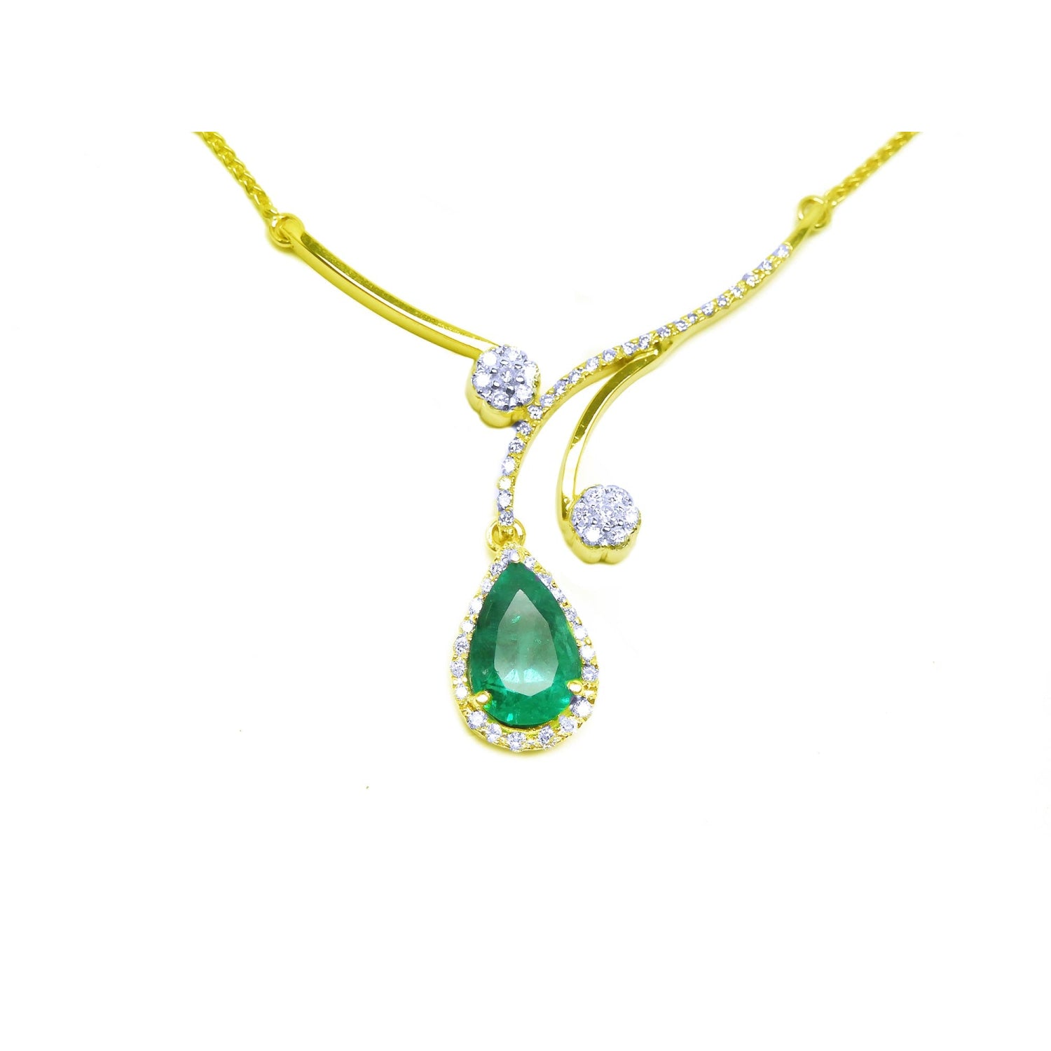Colombian emerald gold necklace deep green hue teardrop pendant halo diamond.