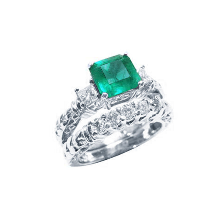 Colombian emerald and diamond matching band set natural Muzo mine of 1.48 carats, paired with a coordinating diamond wedding band. Both crafted in 14K white gold