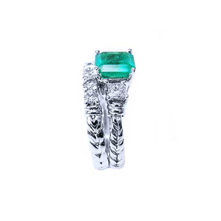 Eerad-cut emerald ring and wedding band natural Muzo mine of 1.48 carats, paired with a coordinating diamond wedding band. Both crafted in 14K white gold
