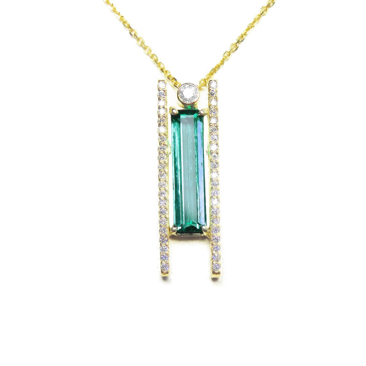 Colombian Emerald necklace, sourced from the Muzo mines with accent natural diamonds, crafted in 14k yellow gold