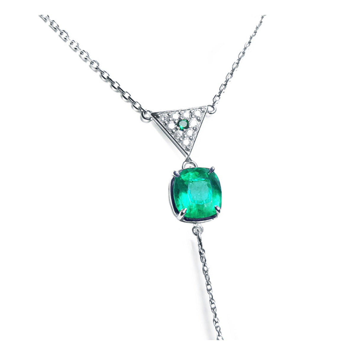 1.91 carat emerald cushion cut necklace with a diamond triangle cluster and dangling chain, 14K white gold.