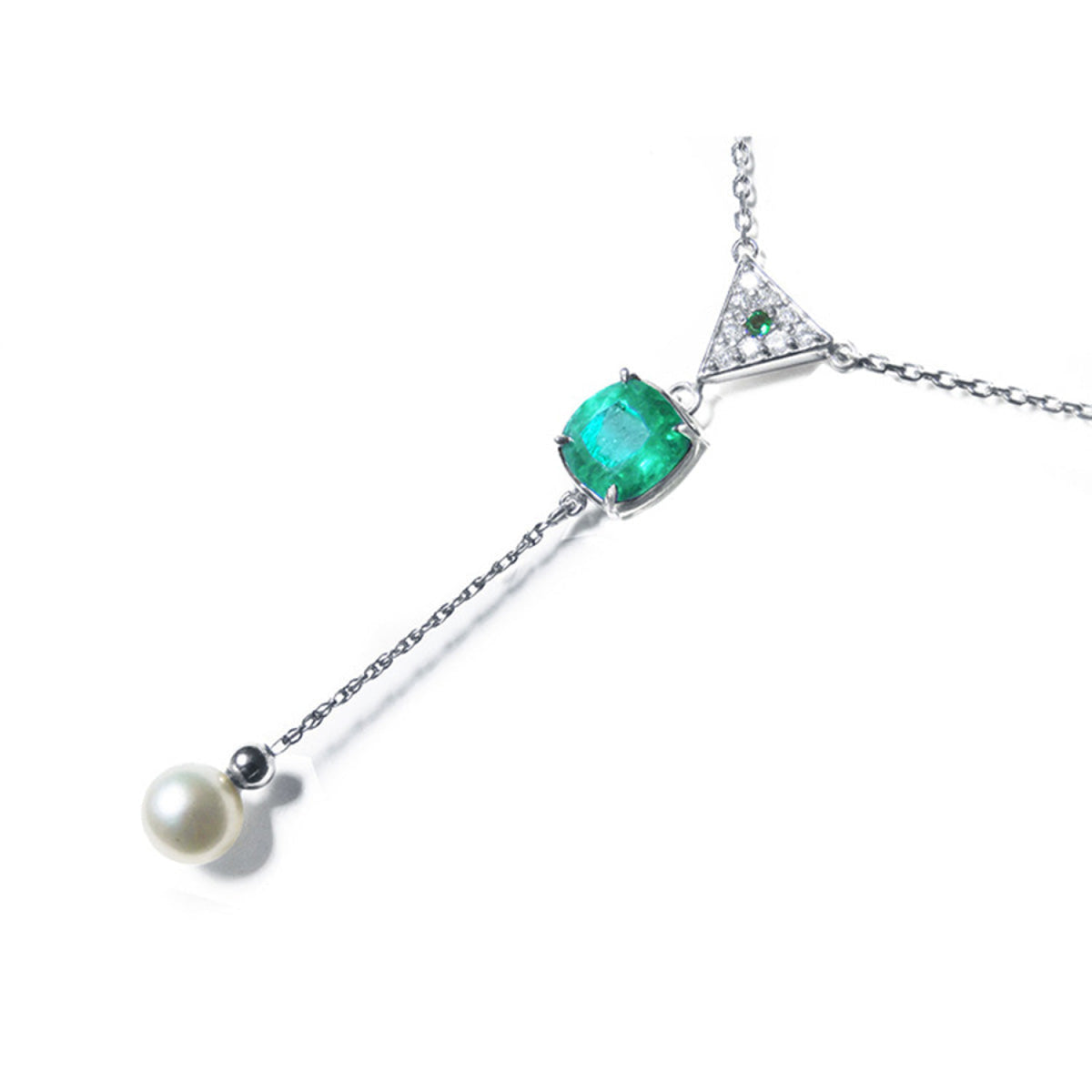 1.91 carat emerald cushion cut necklace with a hanging freshwater pearl and diamond cluster, 14K white gold.