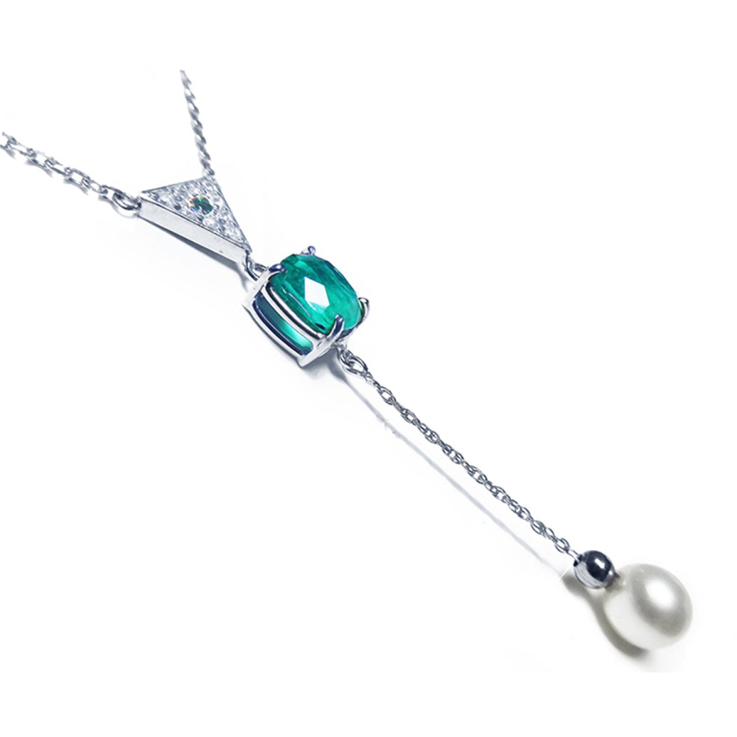 1.91 carat emerald cushion cut necklace with hanging pearl, 14K white gold.