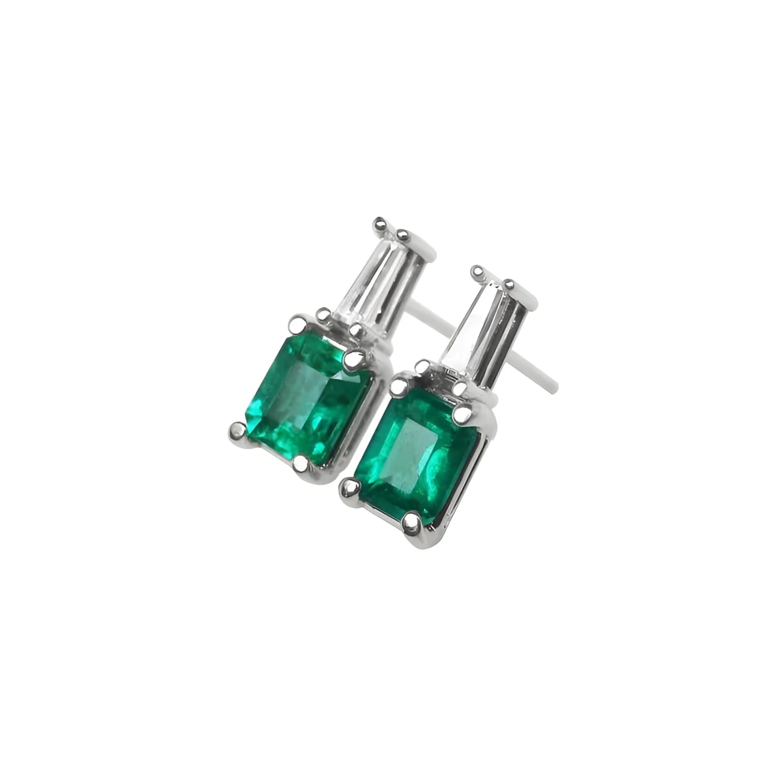 Colombian emerald and baguette diamond stud earrings in 14K gold.