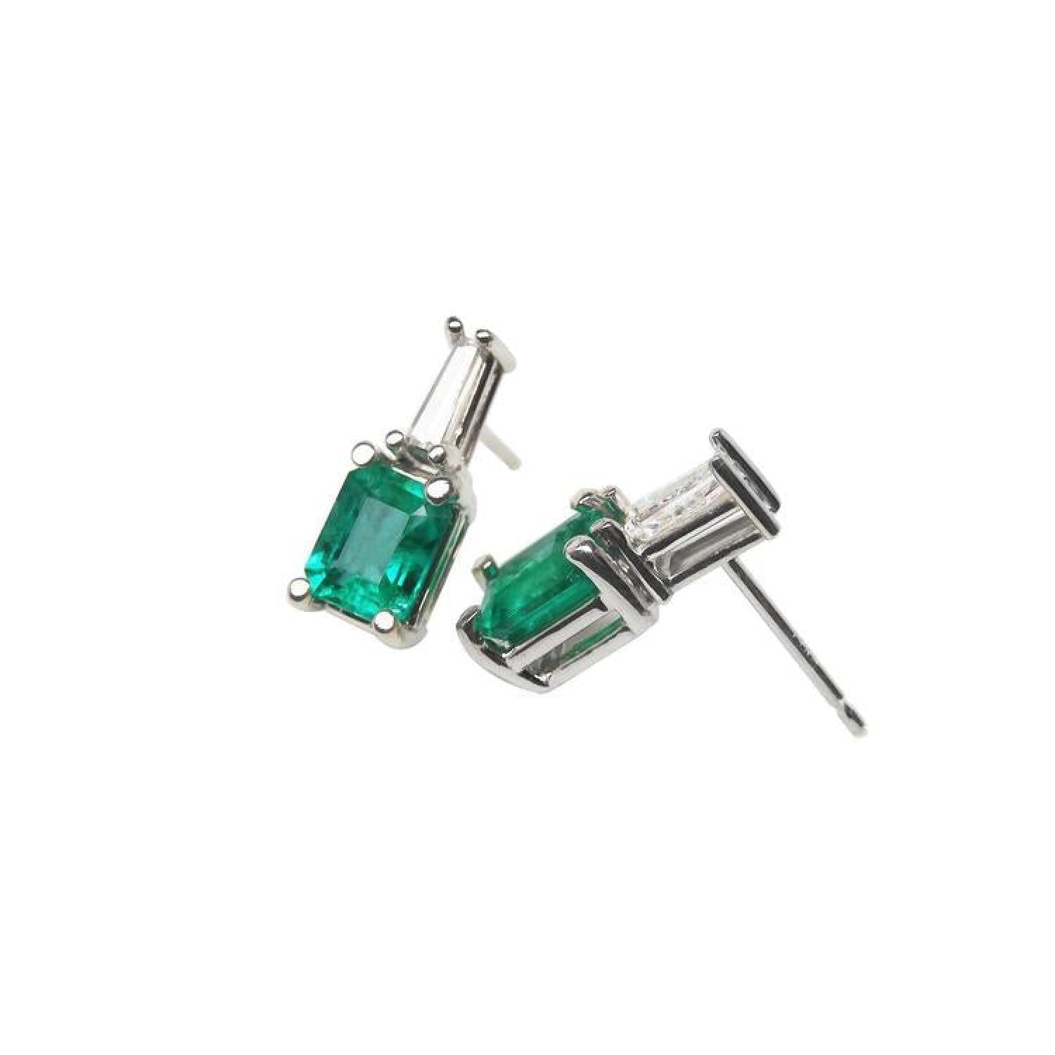 Colombian emerald and baguette diamond stud earrings, 14K white gold.