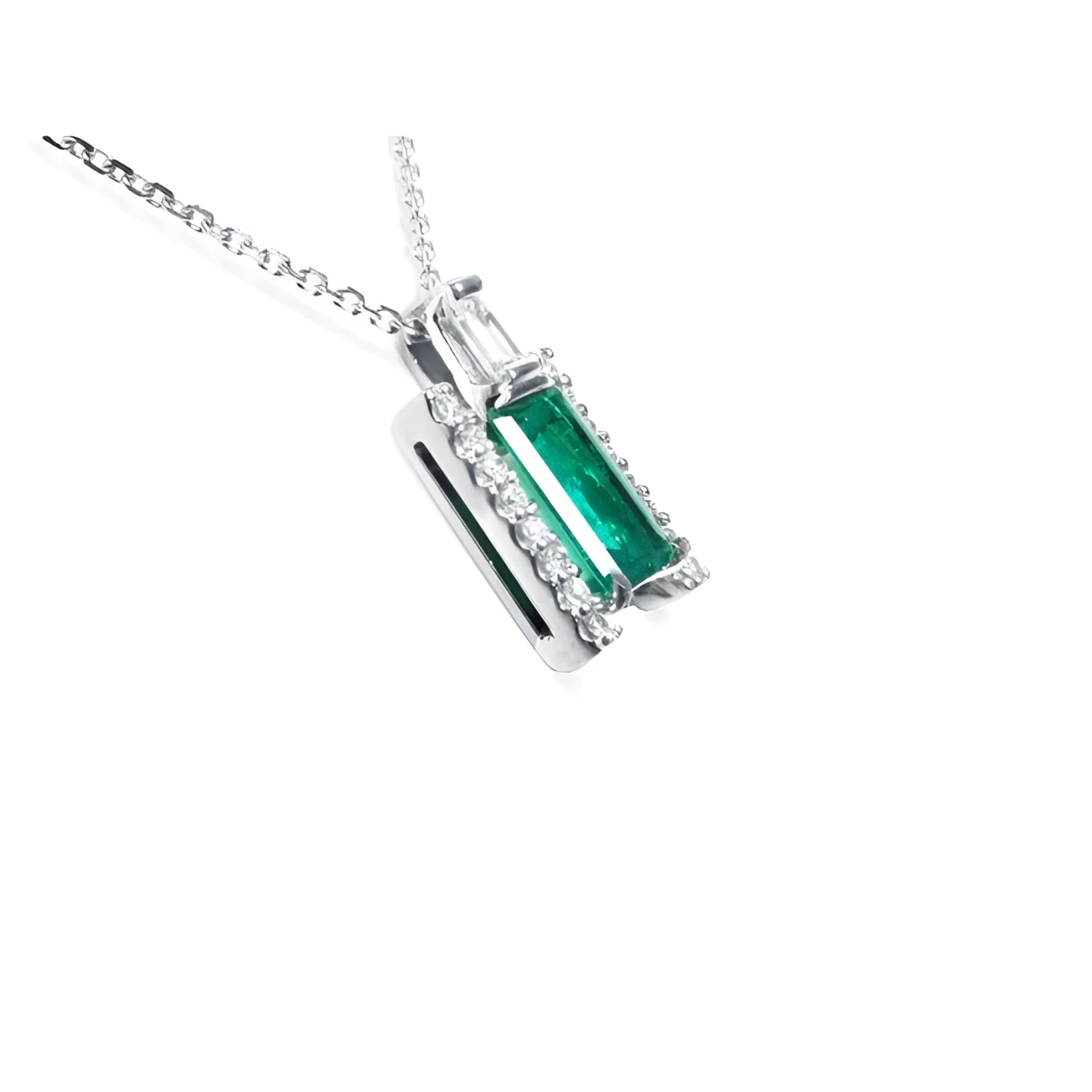 14K white gold emerald and diamond pendant necklace with baguette cut emerald and diamond slider.