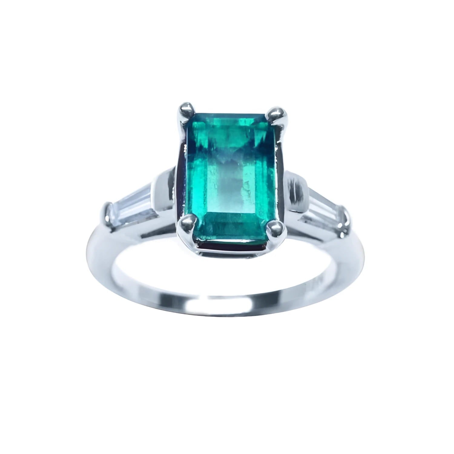 Natural Muzo colombian emerald and baguette side diamond ring for women crafted in 18 white gold.