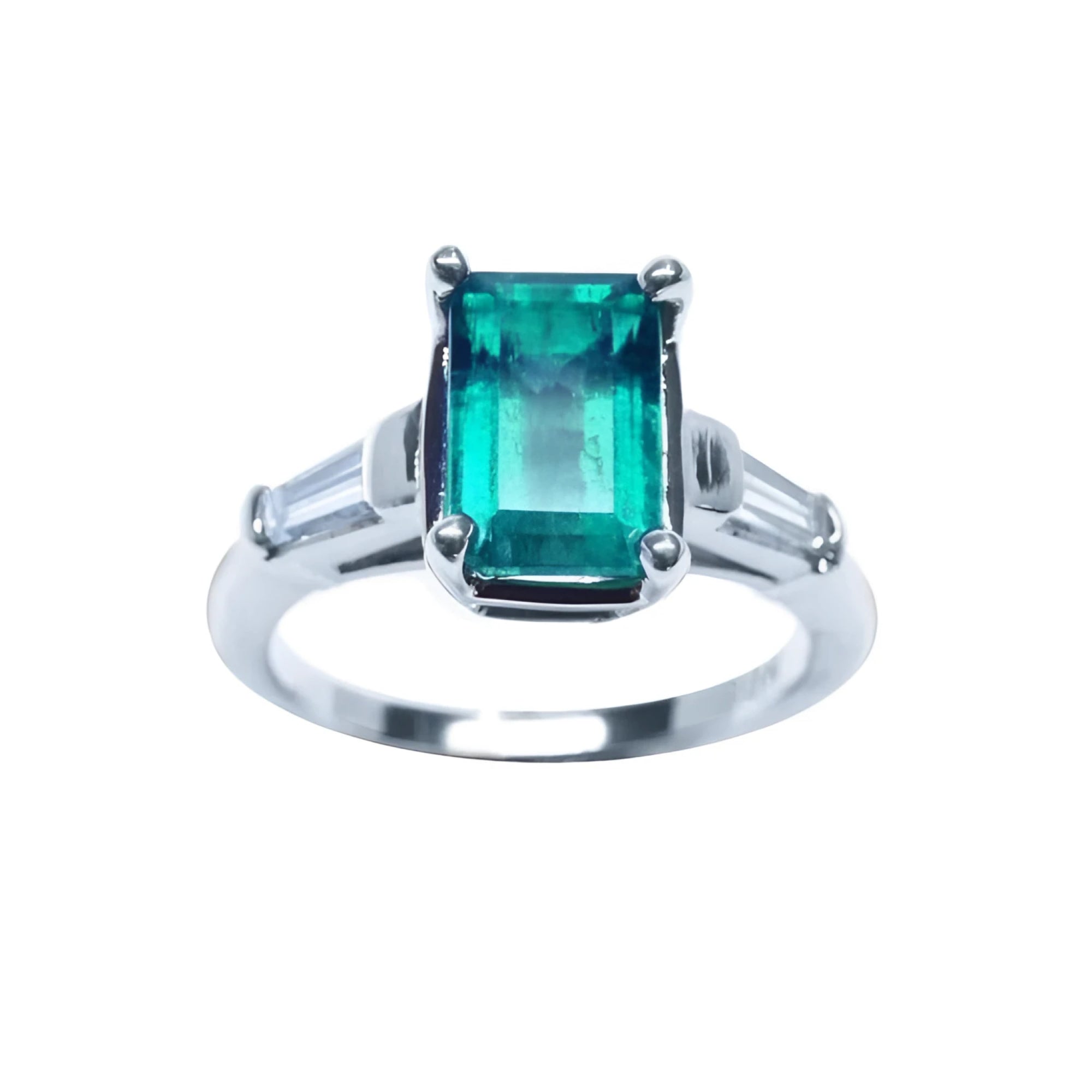 Natural Muzo colombian emerald and baguette side diamond ring for women crafted in 18 white gold.