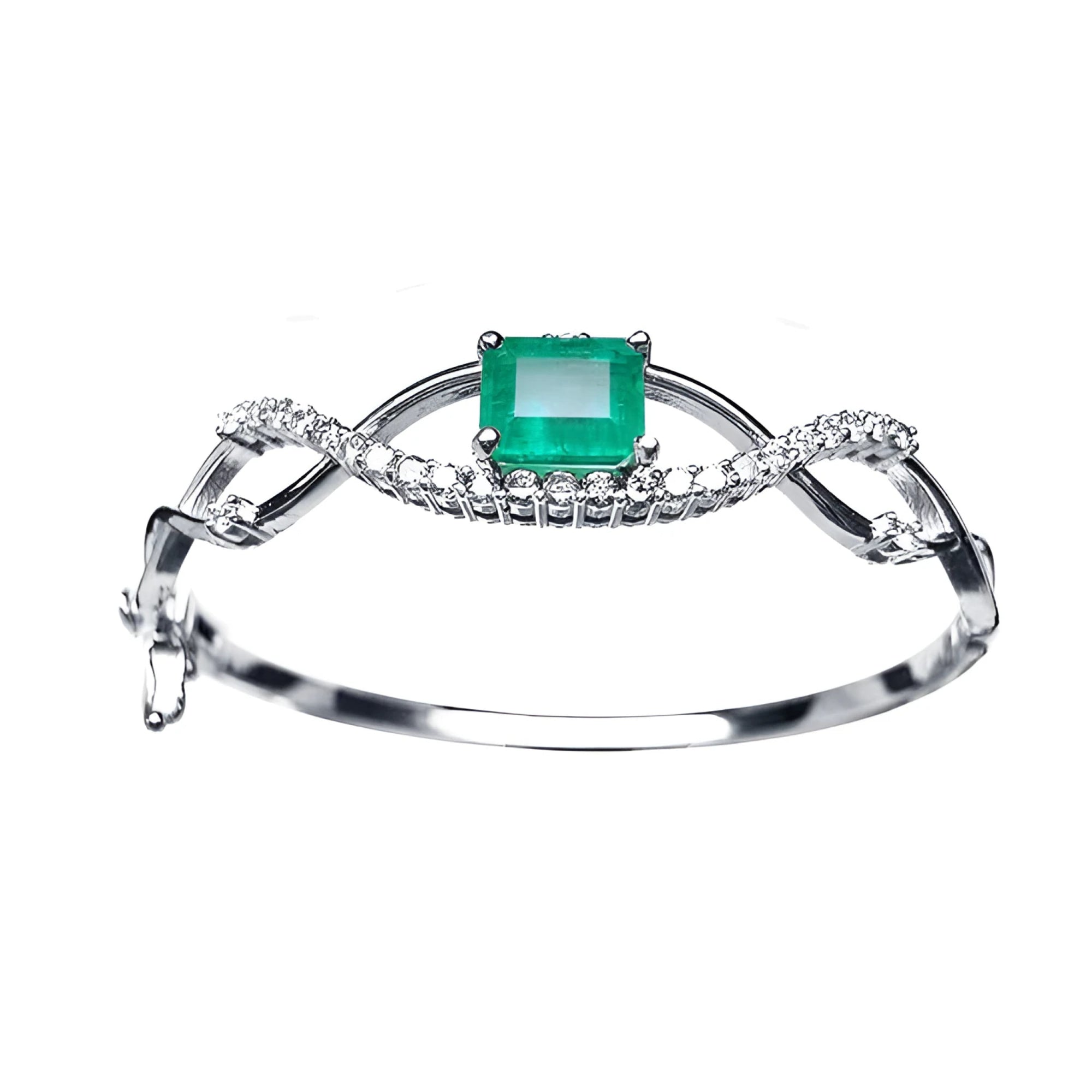 Colombian emerald bangle bracelet, emerald-cut 3.05 carats from the Muzo mines medium bluish green color.