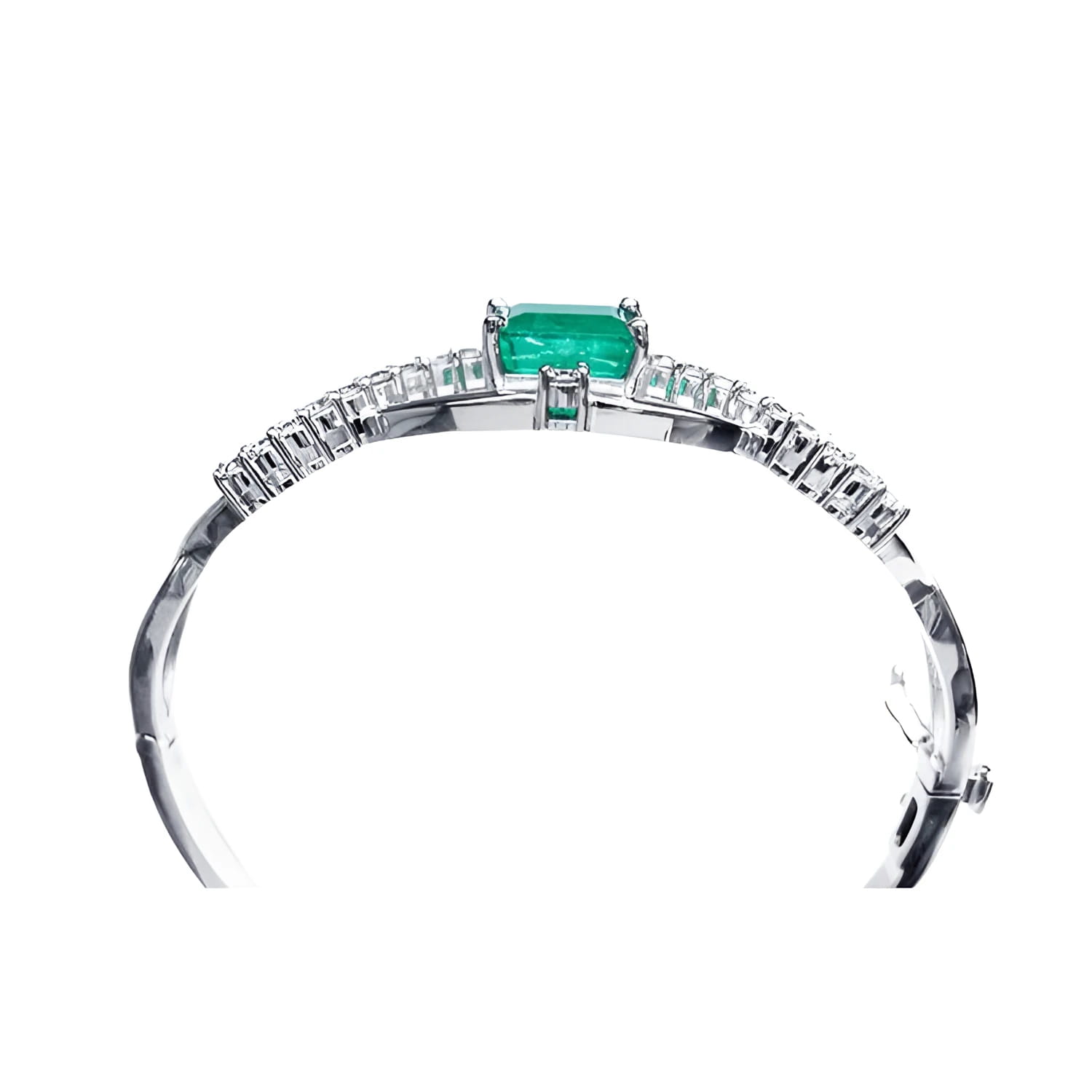 14K white gold bangle bracelet with a central emerald-cut green emerald and diamond accents.