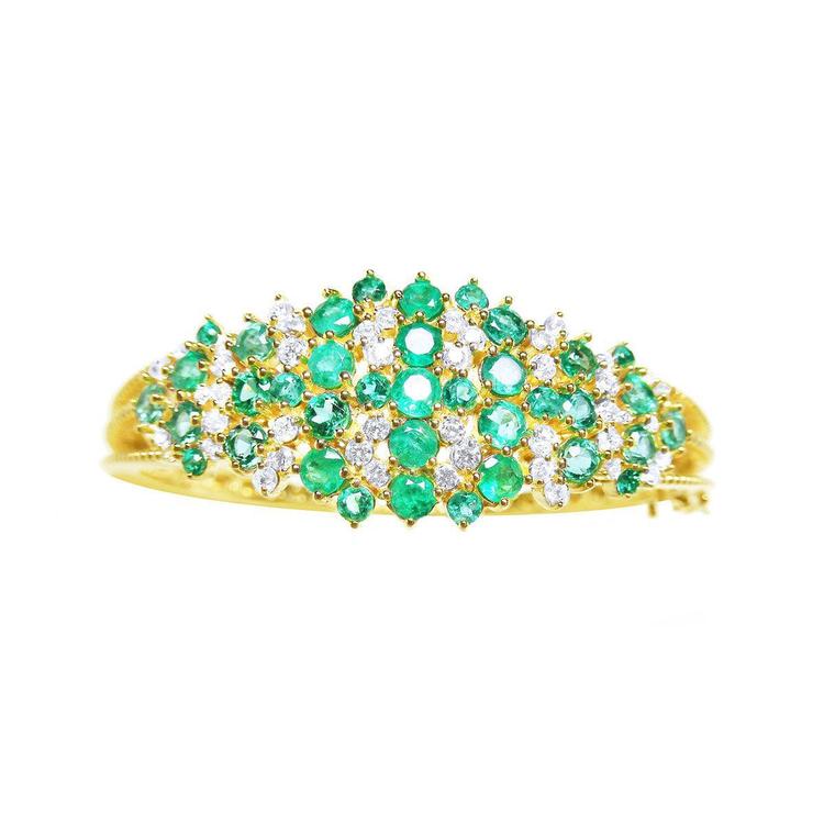 14k gold bangle bracelet with natura colombian emeralds and diamonds round cut