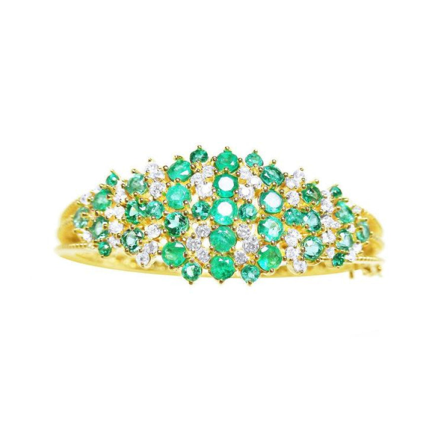 14k gold bangle bracelet with natura colombian emeralds and diamonds round cut