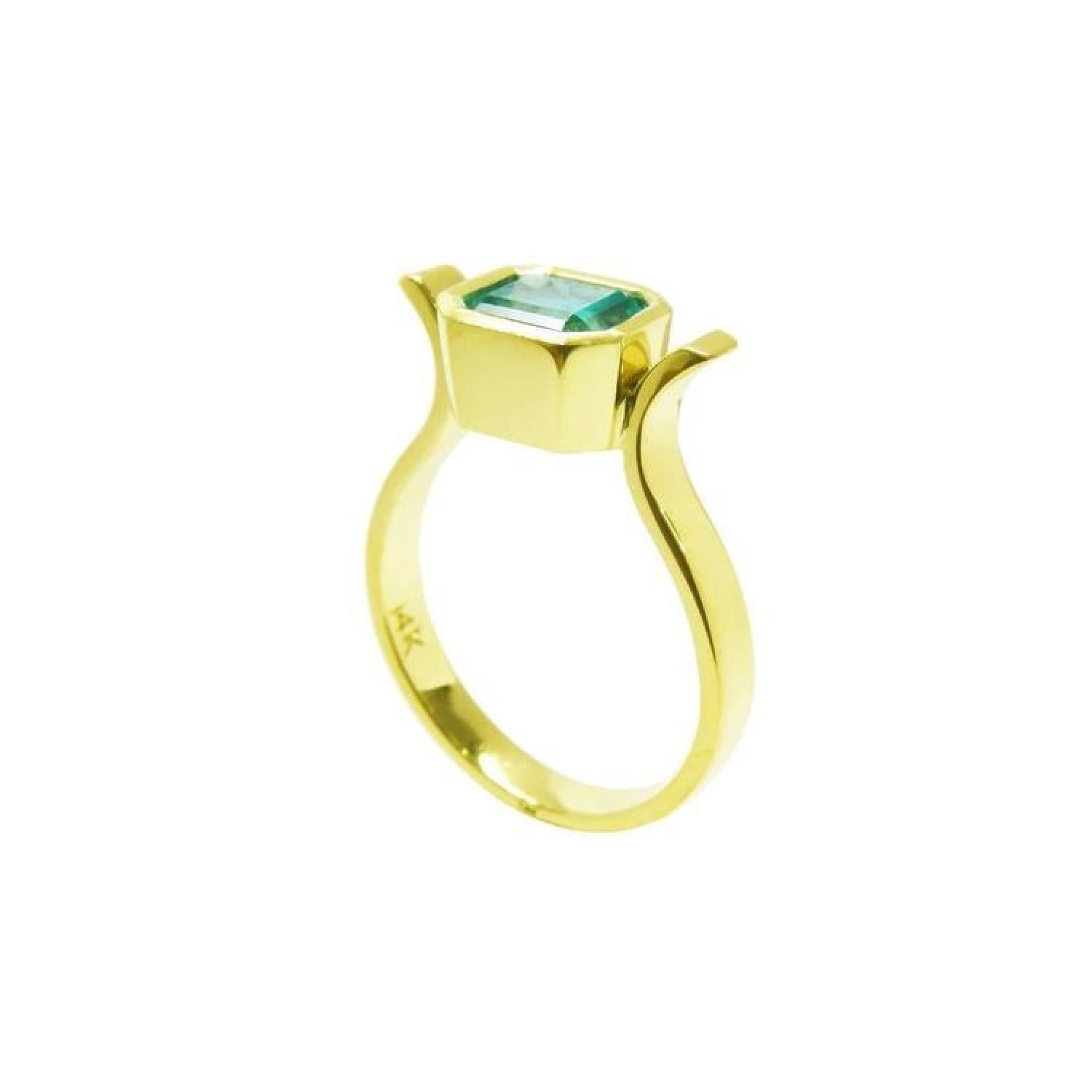 14K yellow gold solitaire ring with a bezel-set emerald-cut Colombian emerald.