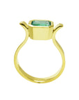 The lateral side of this a colombian emerald solitaire ring bezel set displays top setting, gallery and band design