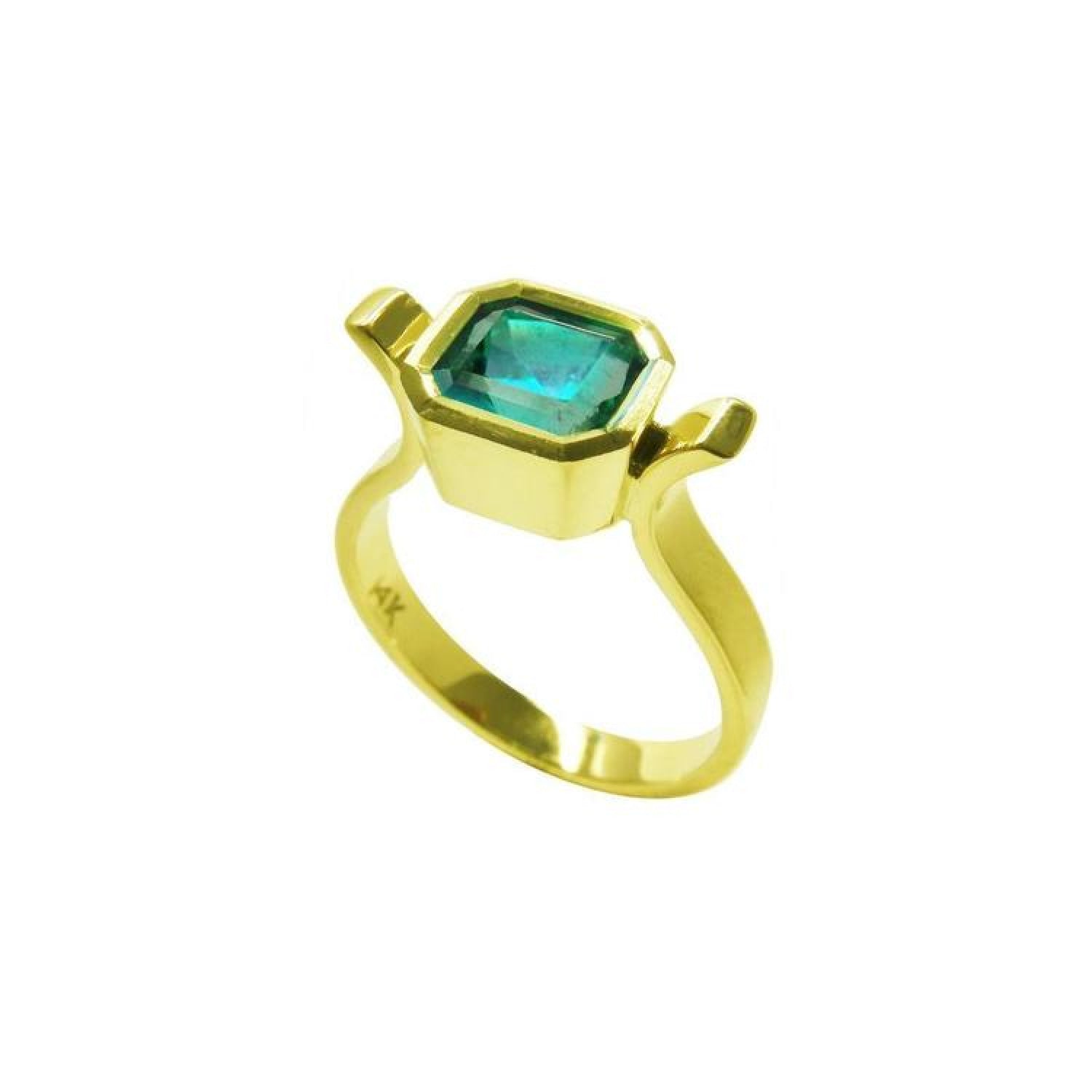 Bezel-set emerald-cut Colombian emerald in a solid 14K yellow gold solitaire ring.