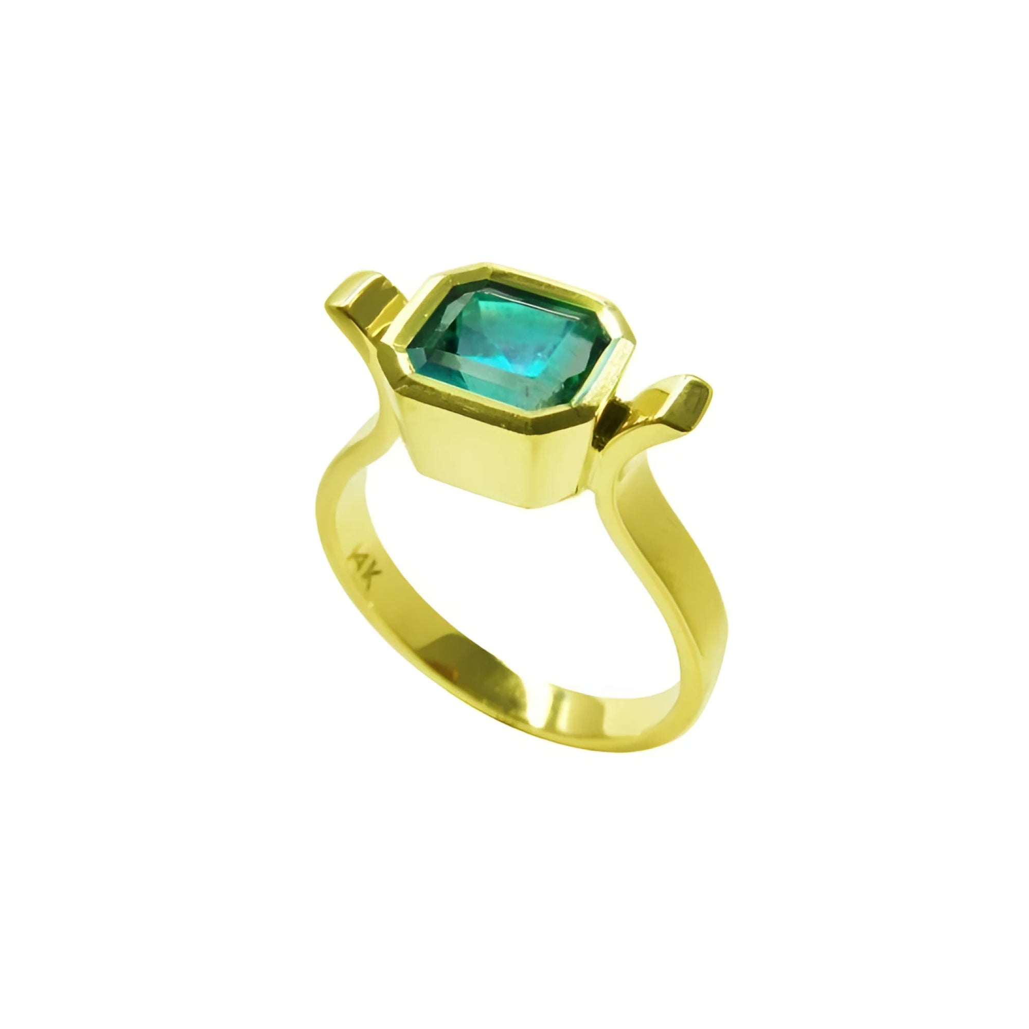 Bezel-set emerald-cut Colombian emerald in a solid 14K yellow gold solitaire ring.