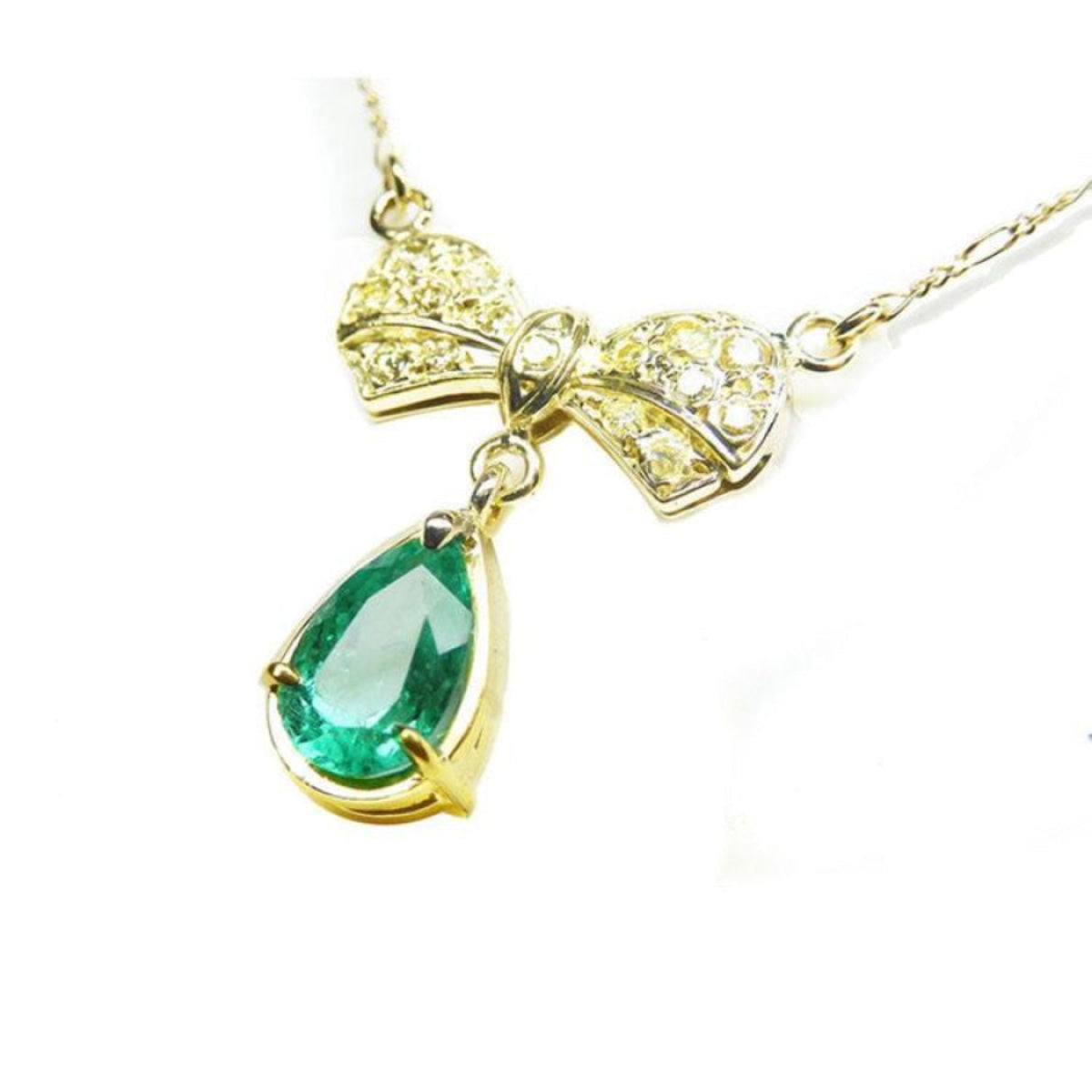 18K yellow gold bow-tie necklace with pave yellow diamonds and a dangling pear-shaped emerald.