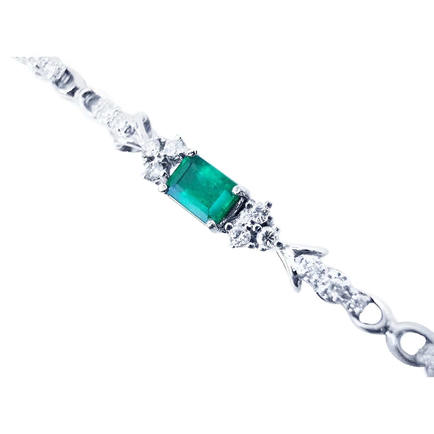 14K white gold bracelet with a rectangular deep bluish-green emerald and three diamond accents on each side.