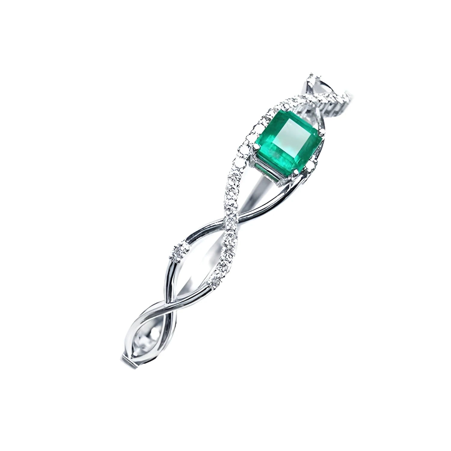 14K white gold bangle bracelet with a central emerald-cut green emerald and entwined diamond strips.