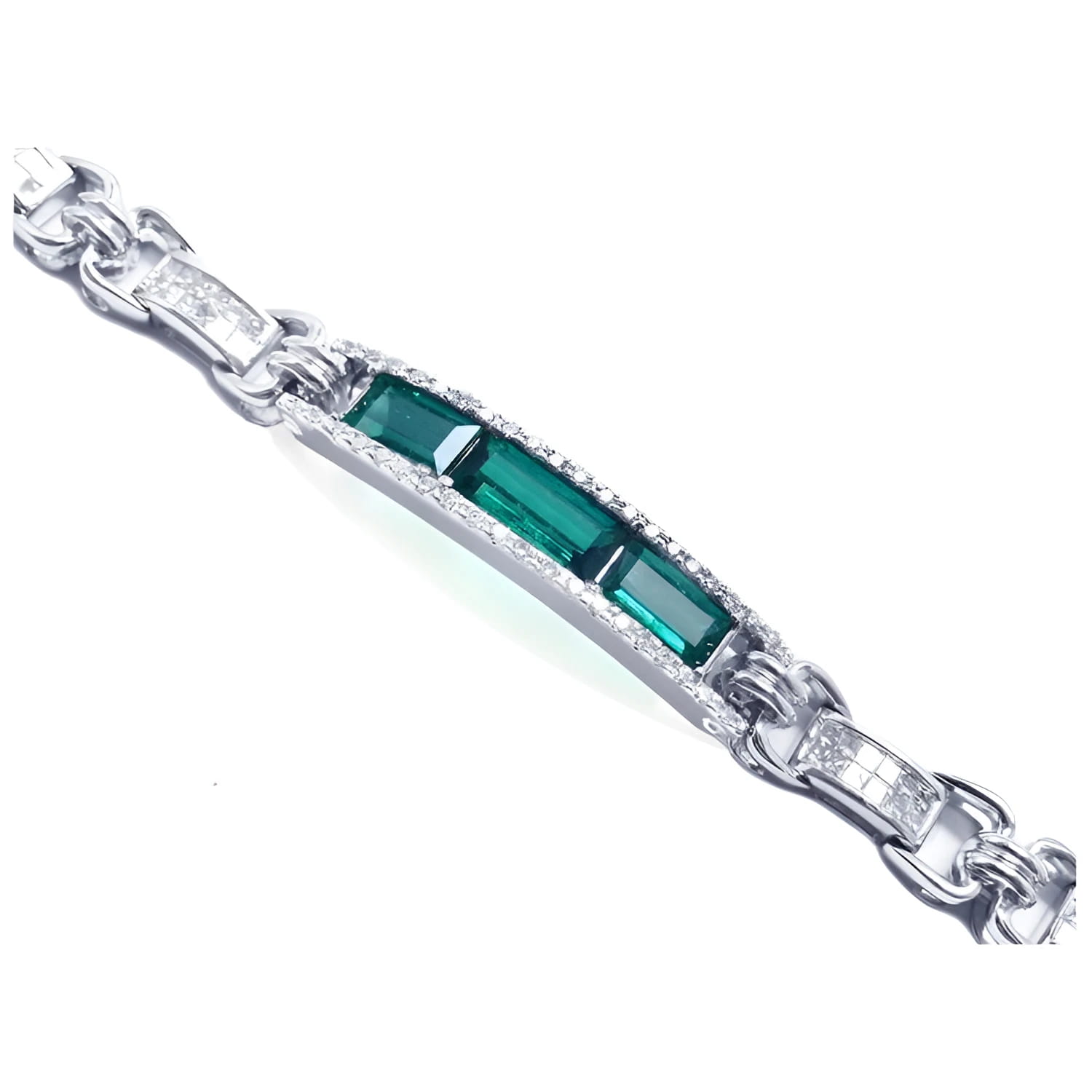 Silver bracelet with three rectangular Colombian emeralds and princess-cut diamond accents.