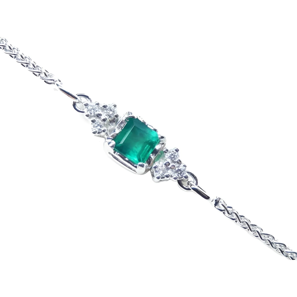14k white gold bracelet with a square natural colombian emerald and accent diamonds.
