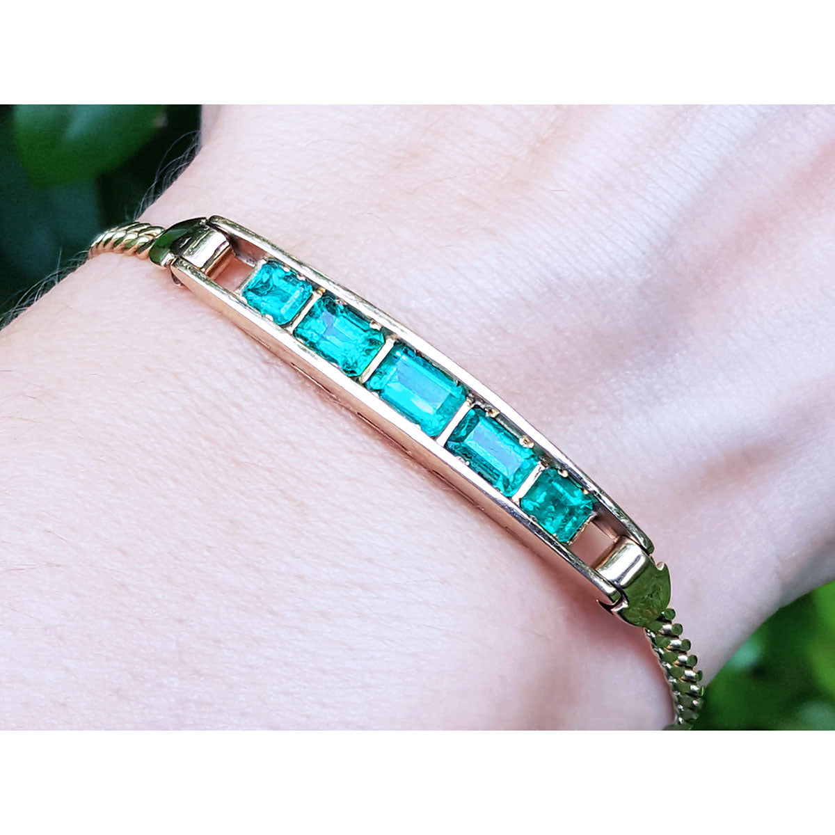 Women's emerald bracelet Five premium quality Colombian Emeralds 14k Yellow Gold