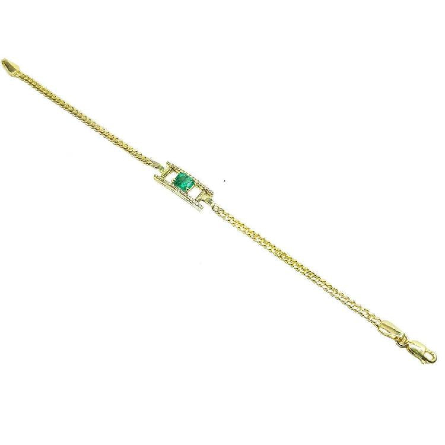14K yellow gold bracelet with a central emerald-cut Colombian emerald flanked by diamonds.