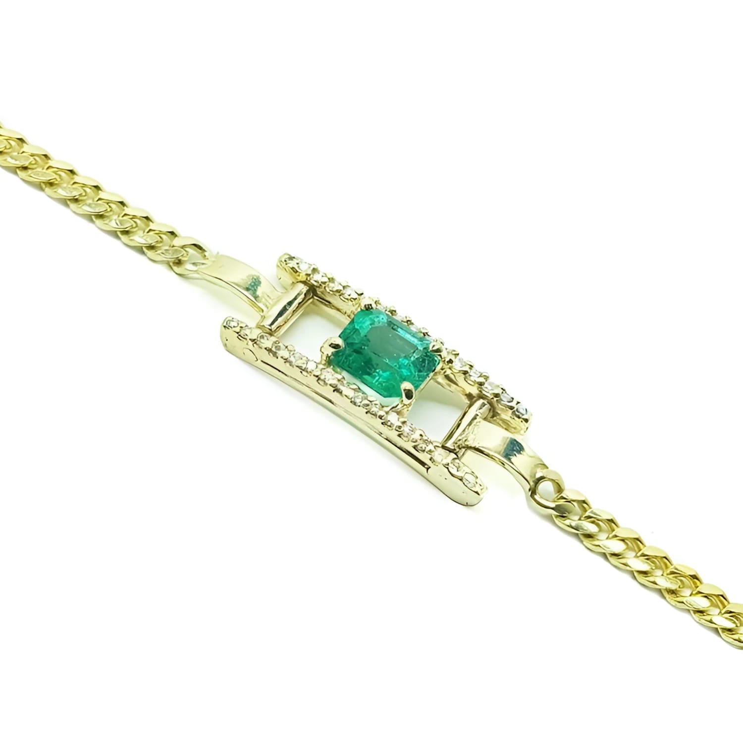 14K yellow gold bracelet with a central emerald-cut Colombian emerald and diamond accents.