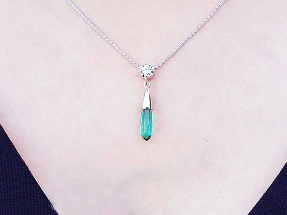 Genuine Emerald briolette necklace from Muzo mines with a natural diamond on top slider bail and 18&quot; inches chain
