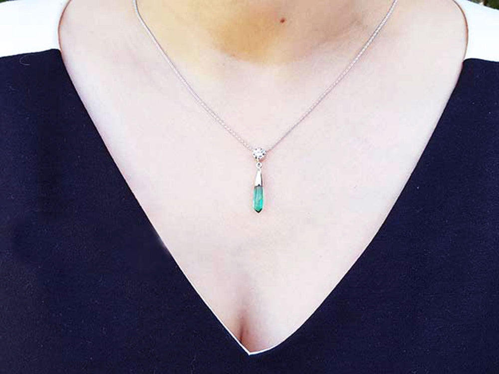 Natural Emerald briolette necklace from the Muzo mines with a natural diamond on top slider bail and 18&quot; inches chain