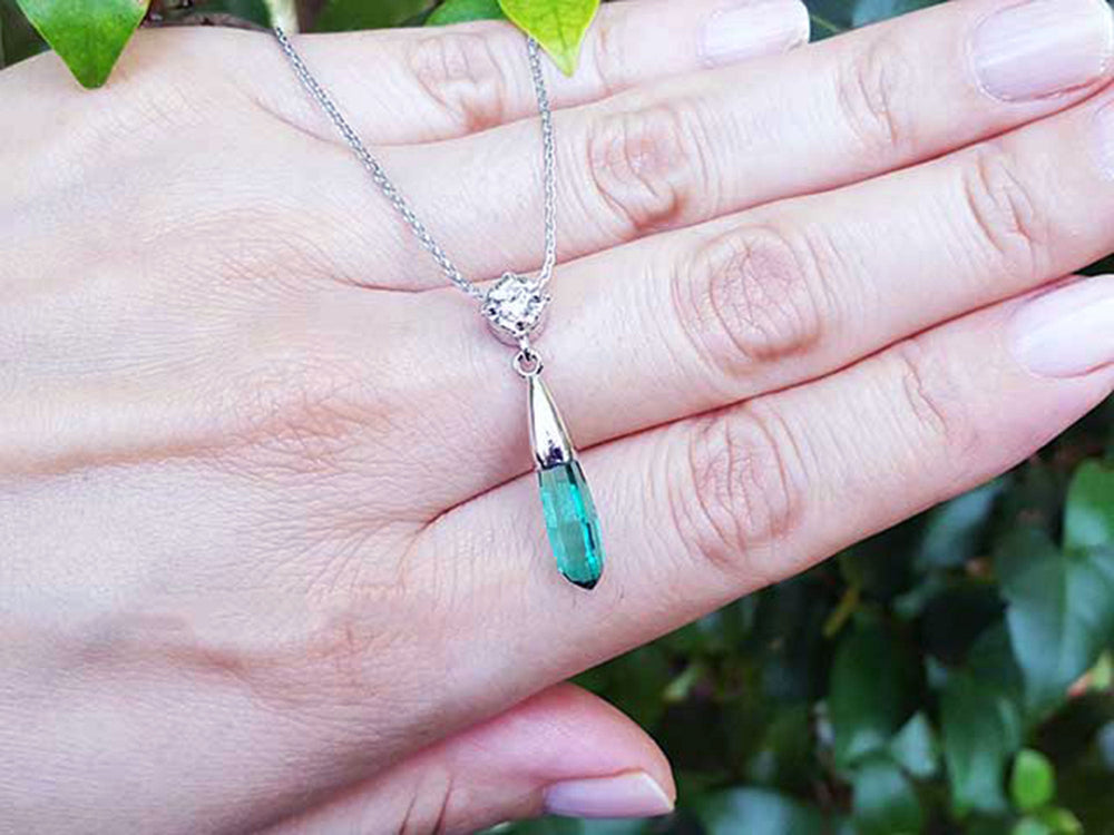 Muzo mine Emerald briolette necklaces natural set in 14k white gold with a natural diamond on top slider bail and 18&quot; inches chain