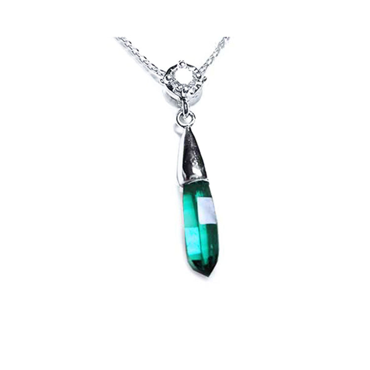 Women's emerald and diamond briolette necklace natural from Muzo mines set in 14k white gold with a natural diamond on top slider bail and 18" inches chain